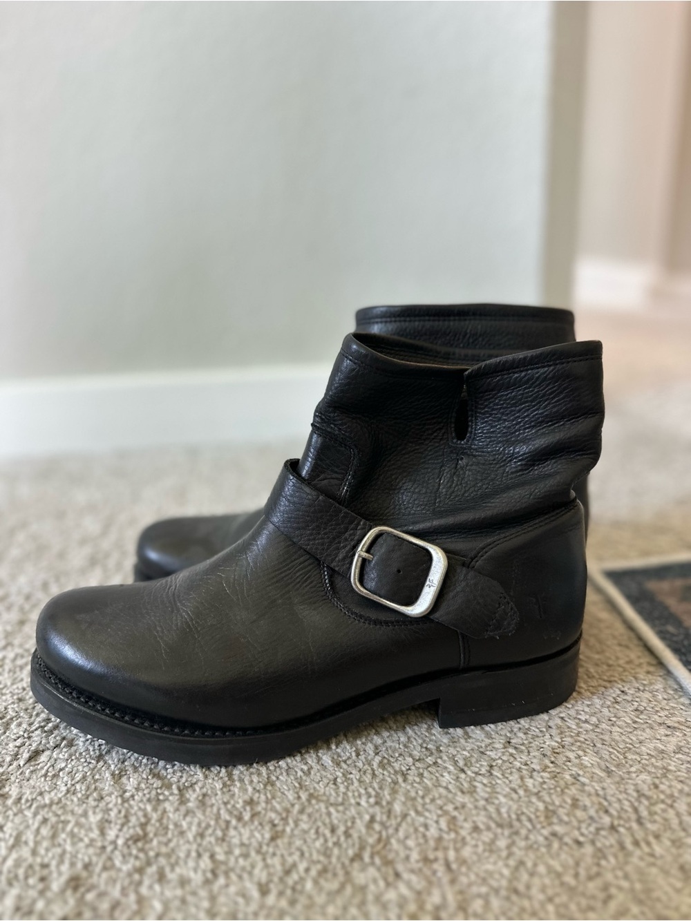 Frye Black Leather Buckle Ankle Boots